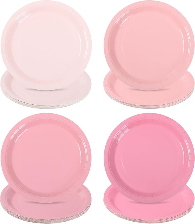 AimFun 48Pcs Pink Paper Plates Gradient Color Party Plate 9 Inch Disposable Round Dinner Dessert Plates for Pink Bow Birthday Wedding Baby Bridal Shower Coquette Party Supplies