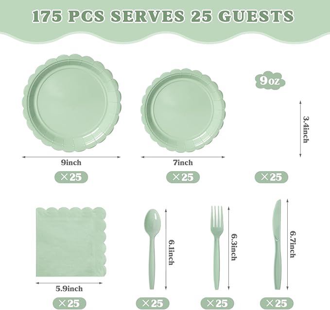 Vyntra 175 Pcs Sage Green Birthday Paper Plates and Napkins Set for 25 Guests, Disposable Party Supplies, 9" Dinner Plates & 7" Dessert Plates