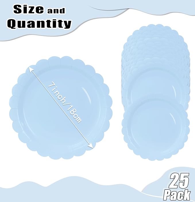 HEIPINIUYE 25 Pieces Light Blue Paper Plates 7 Inch Baby Blue Scalloped Plates Disposable Dinner Plate for Wedding Baby Shower Birthday Party Dessert Plate