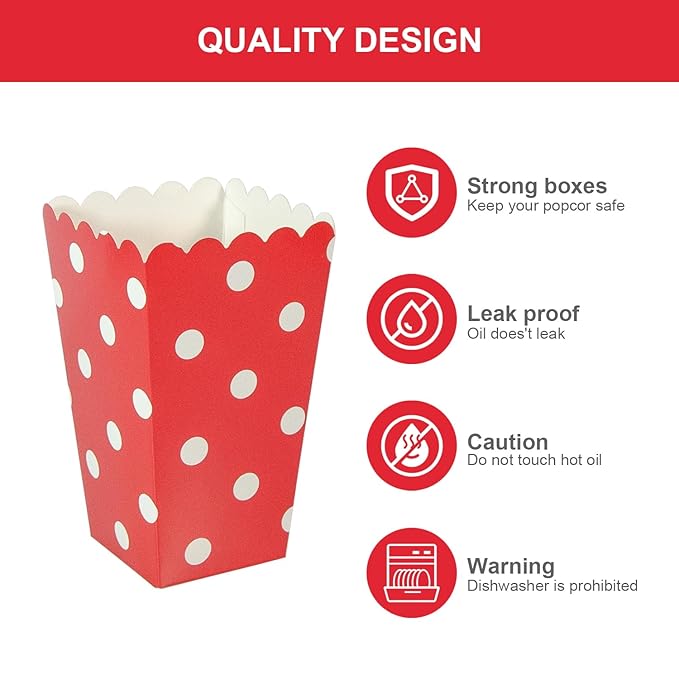 XIEHE 24 Pack Striped Popcorn Boxes - Carnival Parties Mini Paper Popcorn and Candy Containers, Party Supplies for Movie Nights (Red Dot)