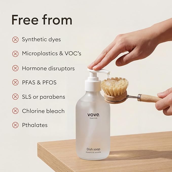 Vove Dish Soap Starter Set with Refillable Glass Pump Bottle & 3 Refills, Bergamot Mint & Basil, Powder-to-Gel Dishwashing Liquid, Plant-Based Concentrated Formula, Plastic-Free Packaging
