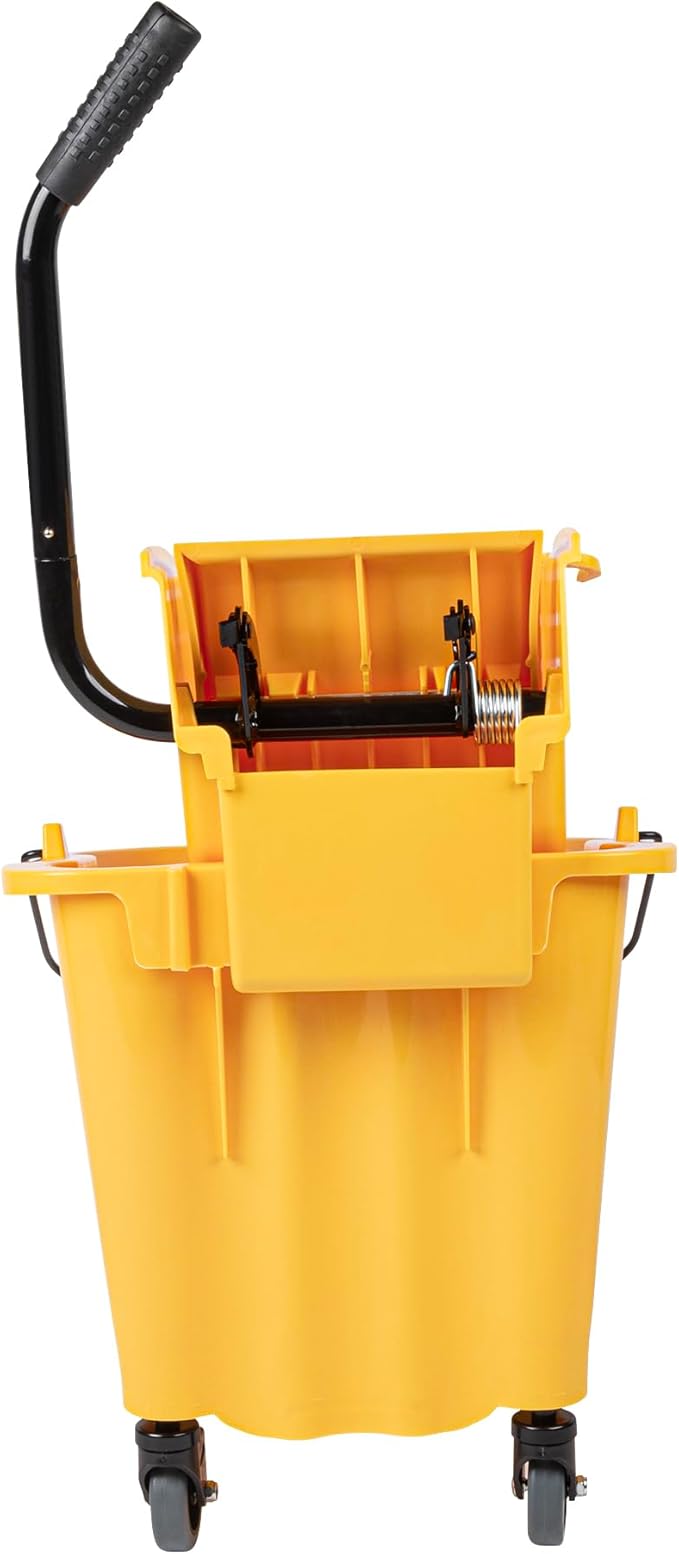 Restaurantware RW Clean 38 Quart Industrial Mop Bucket 1 Combo Mop Wringer Bucket - With Side Press Wringer Built-In Casters Yellow Plastic Commercial Mop Bucket Carry Handle For Commercial Use