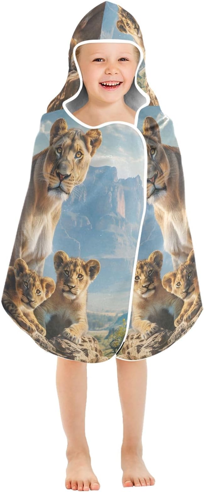Hooded Towel for Kids Lion Family in Natural Habitat Beach Wrap Bath Towels 50x23.5in