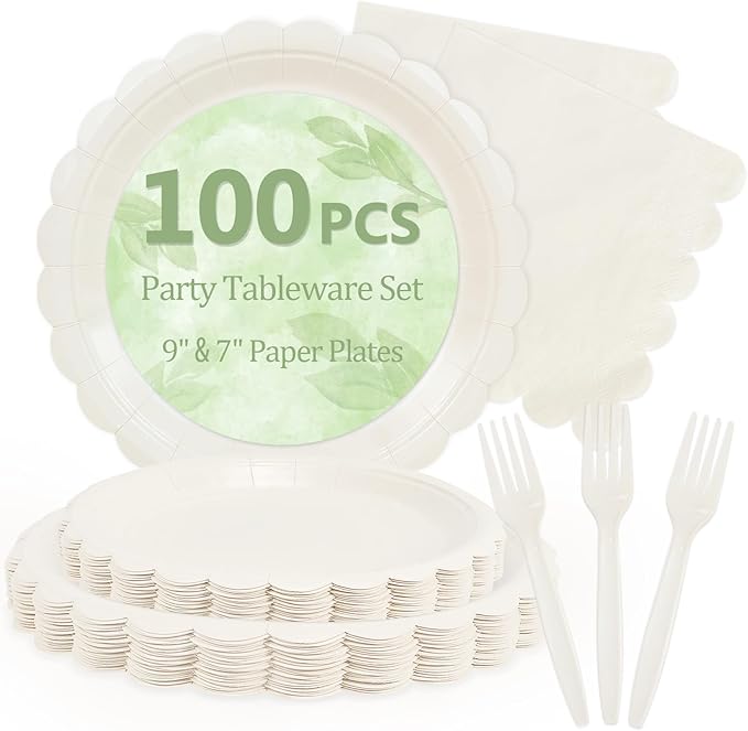 Mulbozy 100 Cream Plates and Napkins Disposable Set Includes 25-9" & 25-7" Dessert Cake Scalloped Plates, Cocktail Napkins, Forks for for Holiday Party Supplies