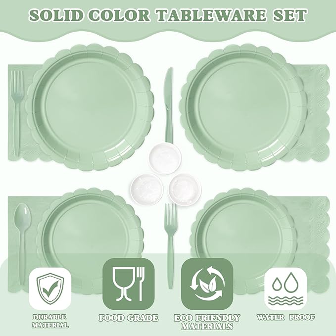 Vyntra 175 Pcs Sage Green Birthday Paper Plates and Napkins Set for 25 Guests, Disposable Party Supplies, 9" Dinner Plates & 7" Dessert Plates