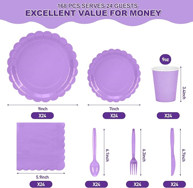 168 Pcs Light Purple Plates and Napkins Set, Purple Party Supplies Include Scalloped Plate Napkins Cups Forks Knives Disposable Plastic Cutlery for Baby Shower, Wedding, Birthday