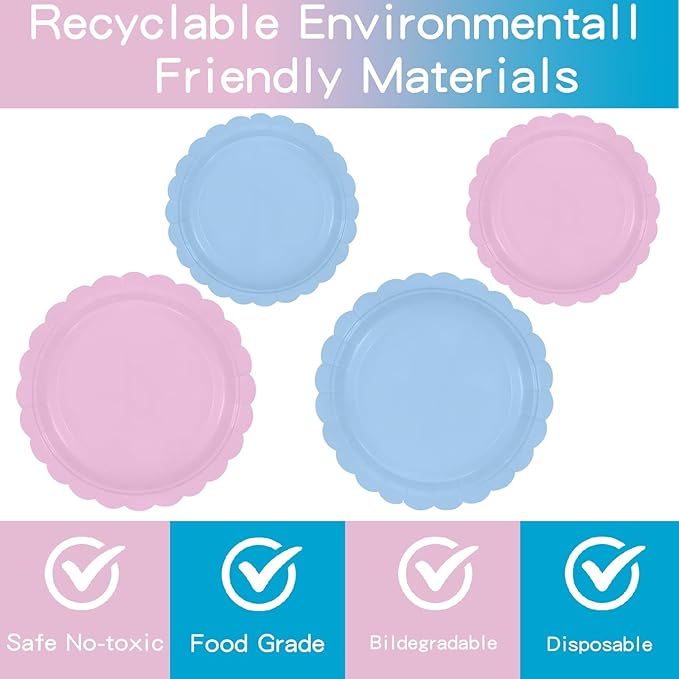 140 Pcs Baby Gender Reveal Plates and Napkins, 20 Guest Boy or Girl Gender Reveal Party Supplies Include Light Pink and Light Blue Plates Napkin Cup Plastic Spoon Fork Knive for Baby Shower