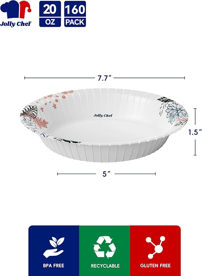 JOLLY CHEF 160 Count Paper Bowls 20 oz Soak Proof and Cut Proof Microwave Safe Heavy Duty Flower Printed Disposable Bowls Large for Dinner or Lunch