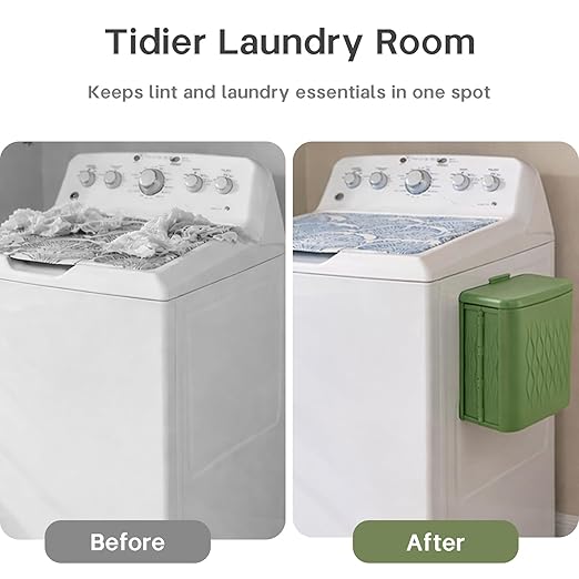 Magnetic Lint Bin for Laundry Room, Extra Large Foldable Lint Trash Can with Lid and Dryer Lint Brush, Wall Mounted Laundry Room Organization and Storage, Green