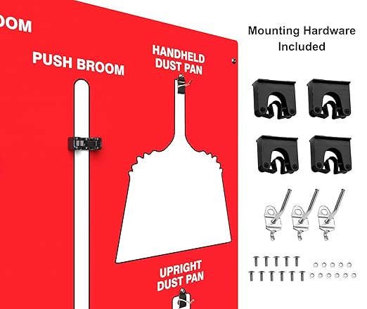 Clean & Sweep 5S Shadow Board/Wall Mount Broom Holder, 68" x 30" Board, 5S Cleaning Station - with Broom and Dustpan Set Included, Made in The USA by AccuformNMC, Red/White, PSB716RDWT