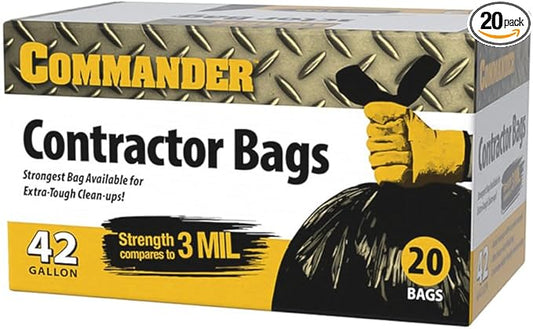 Commander 42 Gallon 3 MIL (eq) Heavy Duty Contractor Bags with Flap Ties - 32" x 46" - Pack of 20 - For Contractor, Industrial, & Outdoor