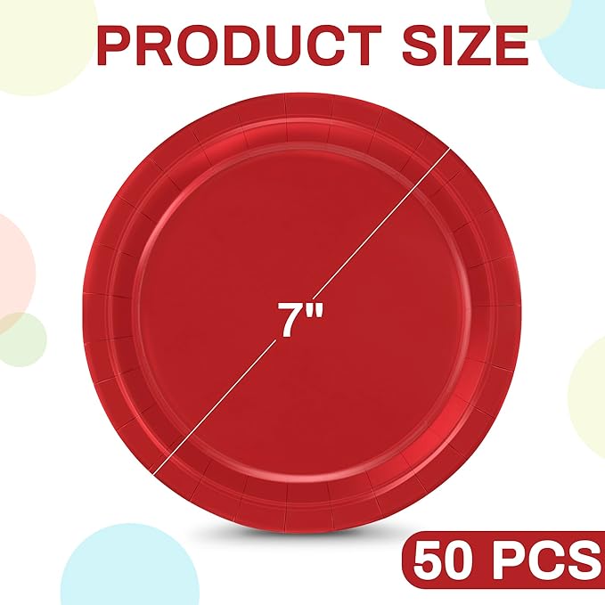 QZYL 50 Pieces Heavy Duty Paper Plates, 7 Inches Red Dessert Plates Disposable, Quality Party Tableware Set, Sturdy Disposable Plates for Wedding Bridal Baby Shower Party Birthday Party Decorations