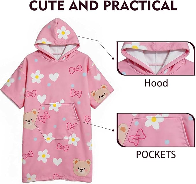 Kids Hooded Poncho Towels, Wearable, Absorbent Hooded Beach Towel for Girls and Boys Girls 7-14 Years Cartoon- Themed Wearable Towel Perfect for Kids At The Bath, Beach