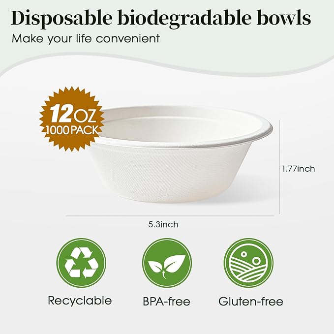 ECOLipak 1000 Pack 12 oz Paper Bowls Disposable, Heavy-Duty Biodegradable Compostable Bowls Made of Natural Sugarcane Bagasse, Suitable for Salad, Dessert, Milk, Cereals