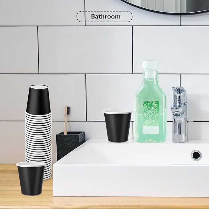 150 Pack 3oz Black Paper Cups, Mouthwash Cups, Disposable Bathroom Cups, Paper Cups 3oz Ideal for Bathroom, Supermarket, Birthday Party, Picnic and BBQ