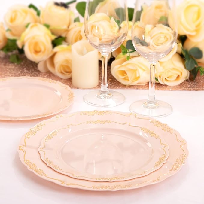 DaYammi 60 PCS Pink Gold Plastic Plates, Pink Disposable Plates with Gold Rim Include: 30 Dinner Plate, 30 Dessert Plate for Party, pink plastic plates with Vintage lace for Wedding
