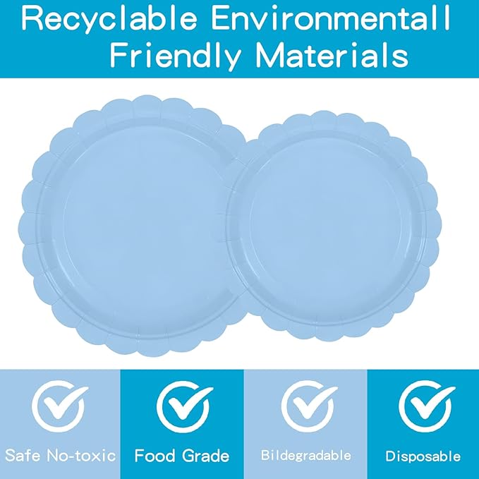 140 Pcs Light Blue Paper Plates and Napkins, Blue Party Supplies Include Light Blue Scalloped Plates Napkins Cups Plastic Spoons Forks Knives for Baby Shower,Wedding,Birthday
