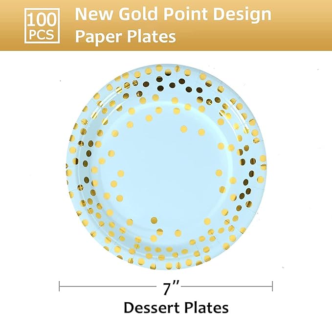 Blue and Gold Paper Plates,7INCH Blue Dessert Plates for Appetizers,Cakes,Salads and Fruits,Suitable for Baby Shower,Birthday,Wedding,Bridal Showers,Anniversary(100 PCS)