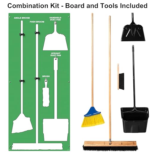 Clean & Sweep 5S Shadow Board/Wall Mount Broom Holder, 68" x 30" Board, 5S Cleaning Station - with Broom and Dustpan Set Included, Made in The USA by AccuformNMC, Green/White, PSB616GNWT