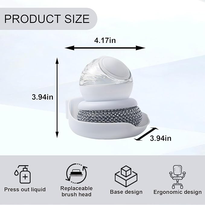 Dish Brush with Soap Dispenser, Steel Wool Scrubber with Replaceable Steel Wool, Pan Scraper and PET Scouring Pad, Wire Brush for Cleaning Cast Iron, Grill Pans, Stock Pots, Grills, Sinks (White)