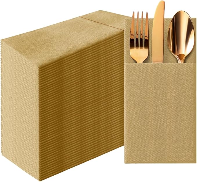 PAW - Linen Feel Napkins with Built-in Flatware Pocket, Elegant Paper Pre-Folded Napkins for Silverware, Wedding Party, Dinner, Birthday, Gatherings, Monocolor Gold, 50 Count