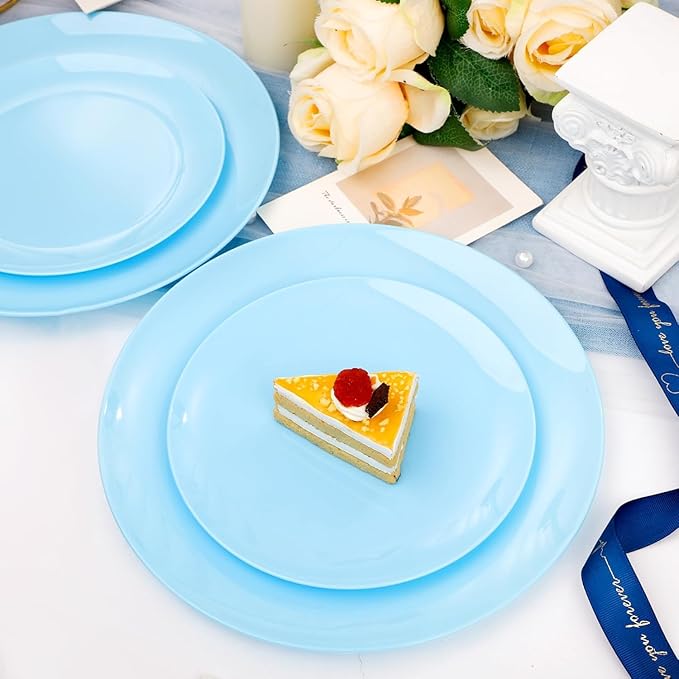 KIRE 60PCS Blue Plastic Plates Disposable - Heavy Duty Light Blue Plates Include 30Pcs 10.25” Dinner Plates and 30Pcs 7.5” for Dessert/Salad in Baby Shower/Picnic/Easter/Spring