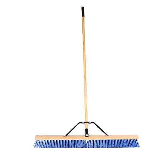 Restaurantware-Clean Tek Professional 36 Inch Push Broom, 1 Heavy-Duty Broom with 60” Handle - Medium Plastic Bristles, Durable, Wooden, Commercial Use, for Deck, Driveway, Garage, Yard, Patio