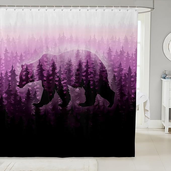 Feelyou Bear Bath Curtain Kids Forest Shower Curtain Boys Girls Decor Botanical Forest Bathroom Shower Curtain Set Polyester Farmhouse Wild Animal Purple Kids Bathroom Accessories Quilt Cover 72"x72"