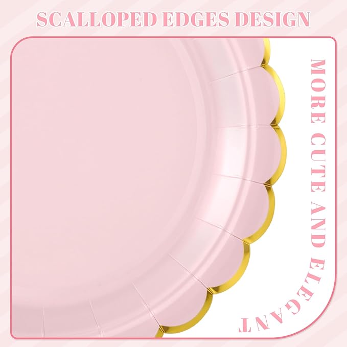 NatNarr 30 Pcs Pink Paper Plates 9 Inch Scalloped Pink and Gold Party Plates Cute Birthday Dessert Cake Plate for Girls Birthday, Baby Bridal Shower, Tea Party, Mothers Day