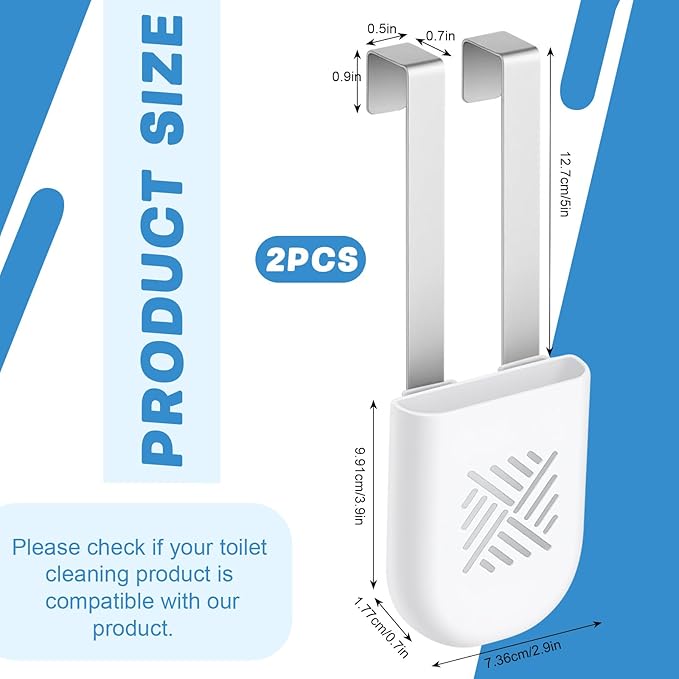 2Pack White Toilet Bowl Tablet Holder Toilet Cleaner Holders, Hanging Toilets Cleaner Caddy, Toilets Tank Cleaning Tablet Holders, Stainless Steel Hook Plastic Holder Tank Caddy with Adjustable Hook
