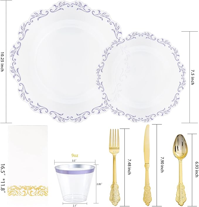 PULOTE 175PCS Purple Plastic Plates - Clear Plastic with Purple Rim - Include 25 Each (Dinner & Dessert) Plates, 25 Guests Cutlery, 25 Cups, 25 Napkins for Party & Spring