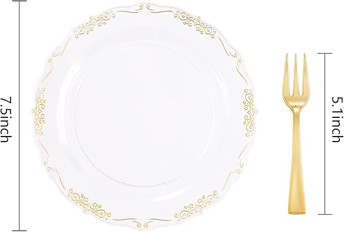 LIYH 200 Pcs Clear Gold Plastic Dessert Plates 7.5"and Cake Forks 5" - Clear Small Cake Plastic Plates and Gold Forks for Parties Wedding Birthday