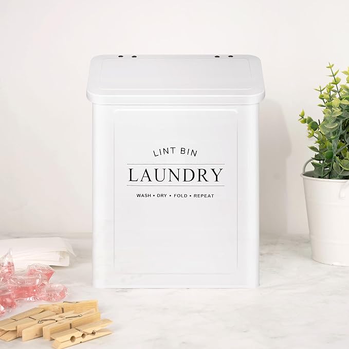 Magnetic Lint Bin for Laundry Room, Metal Lint Container with Lid and Brush, Wall Mounted Lint Box for Dryer, Farmhouse Laundry Room Decor, White