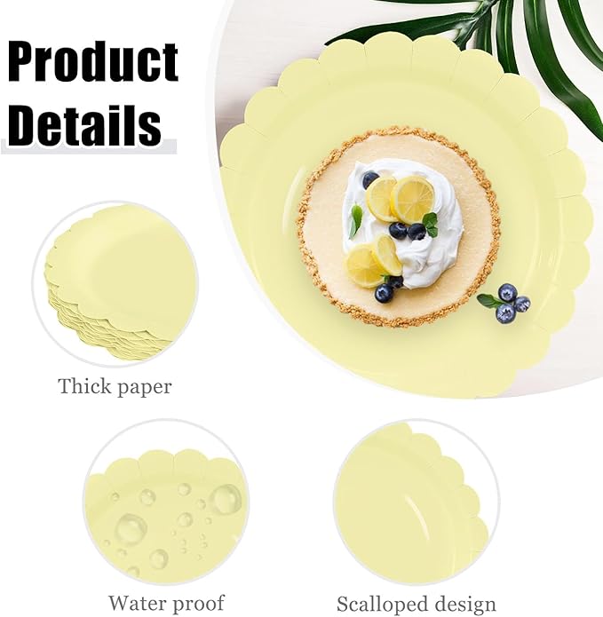 HEIPINIUYE 25 Pieces Yellow Paper Plates 7 Inch Yellow Scalloped Plates Disposable Dinner Plate for Wedding Baby Shower Birthday Party Dessert Plate