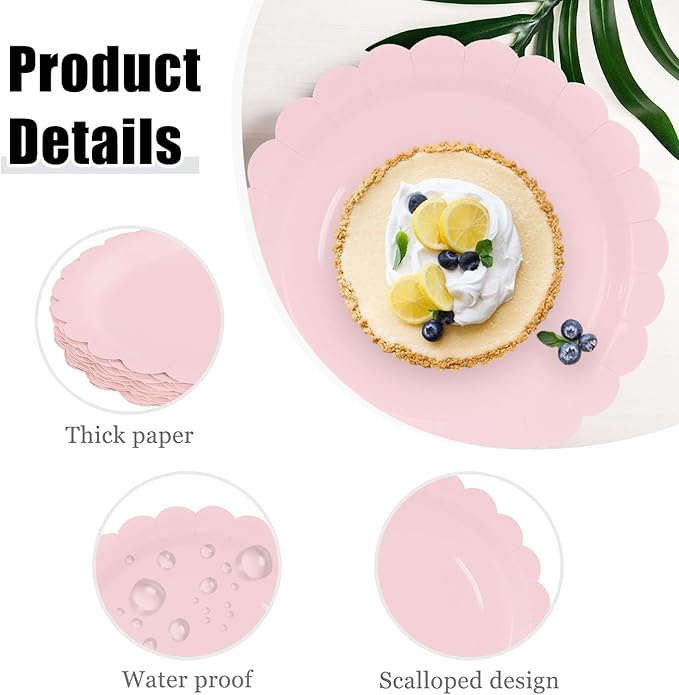 HEIPINIUYE 25 Pieces Light Pink Paper Plates 9 Inch Pink Scalloped Plates Disposable Dinner Plate for Wedding Baby Shower Birthday Party Dessert Plate