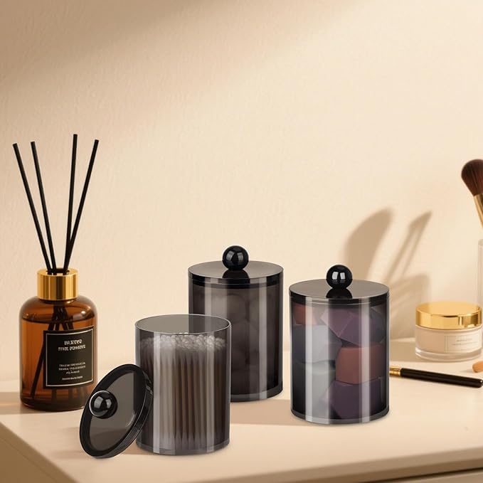 XIPENGKEJI 2 Pack Qtip Holder,Canister Apothecary Jar Set, Bathroom Jars with Lids Set for Cotton Swabs, Balls, Pads, Floss Picks,10oz-12oz Plastic Canisters Restroom Bedroom Vanity Organizer(Black)