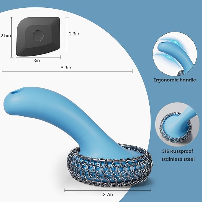Cast Iron Scrubber with Long Handle | 316 Cast Iron Cleaner Chainmail Scrubber for Pan Skillet Cleaner - Dish Scouring Pad Dishwasher Safe Cleaning Kit (Blue, 1 Scrubber + 1 Scraper)