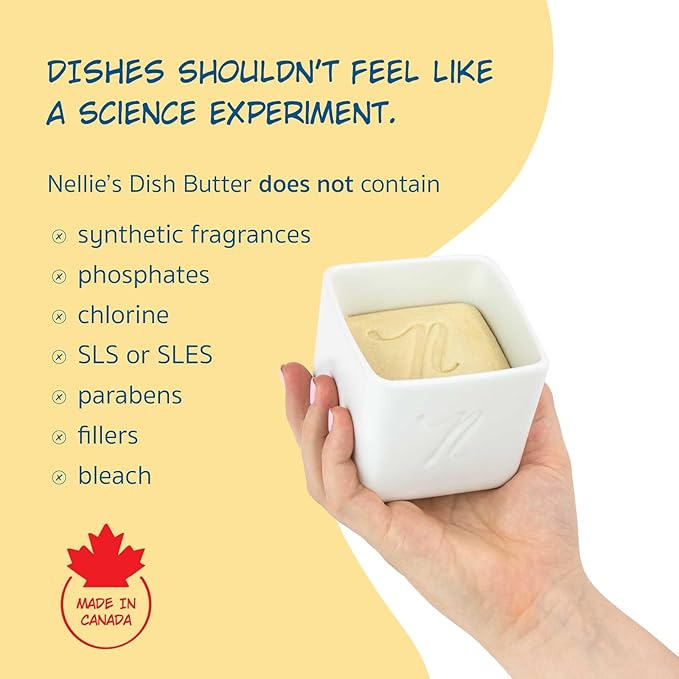 Nellie's Dish Butter - Zero-Waste Alternative to Liquid Dish Soap with Reusable Ceramic Container (White) - Light Lemongrass Scent - Plastic-Free Dishwashing - (Made in Canada)
