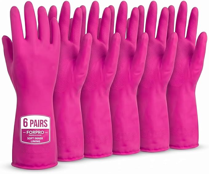 ForPro Natural Rubber Gloves, 6 Pairs Reusable Multi-Purpose Household Cleaning Gloves with Soft Inner Lining, Waterproof & Chemical-Resistant, Cotton Candy, X-Large