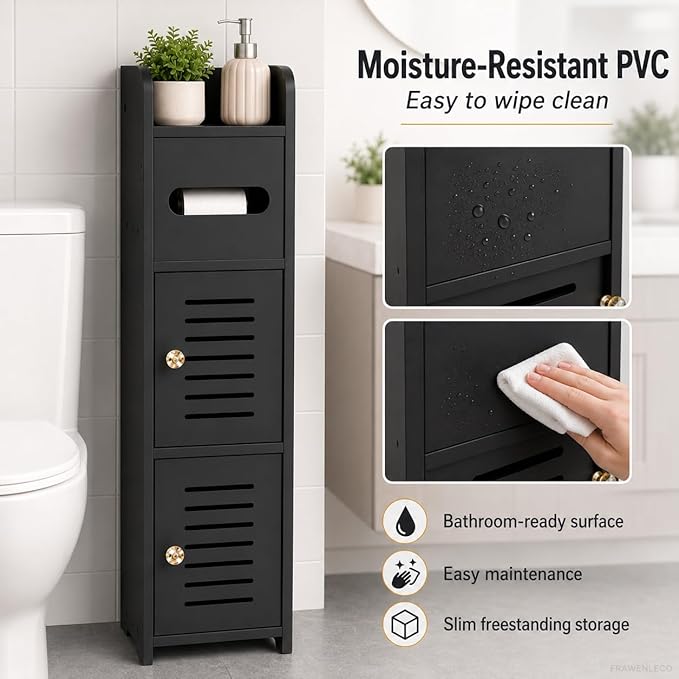 Toilet Paper Holder Stand, Small Bathroom Storage Cabinet with Doors and Toilet Paper Storage, Slim Floor Standing Shelf for Small Spaces,Toilet Storage Cabinet for Bathroom,Black