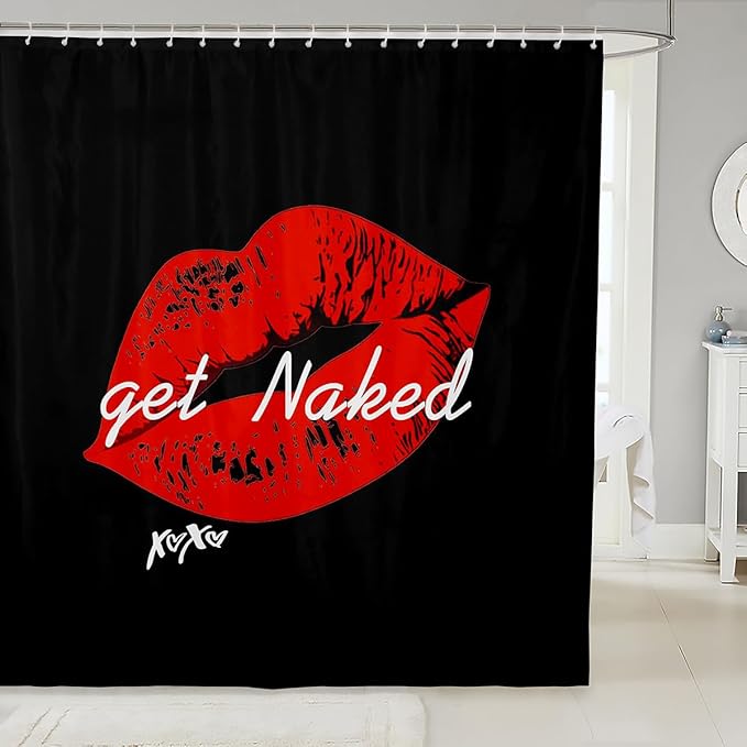 Sexy Red Lips Shower Curtain Get Naked Shower Curtain Set with Hooks for Couple Lover Men Women Funny Quotes Bathroom Curtains Fashion Stylish Black Red White Cloth Fabric Bathroom Decor 72x78 Inch