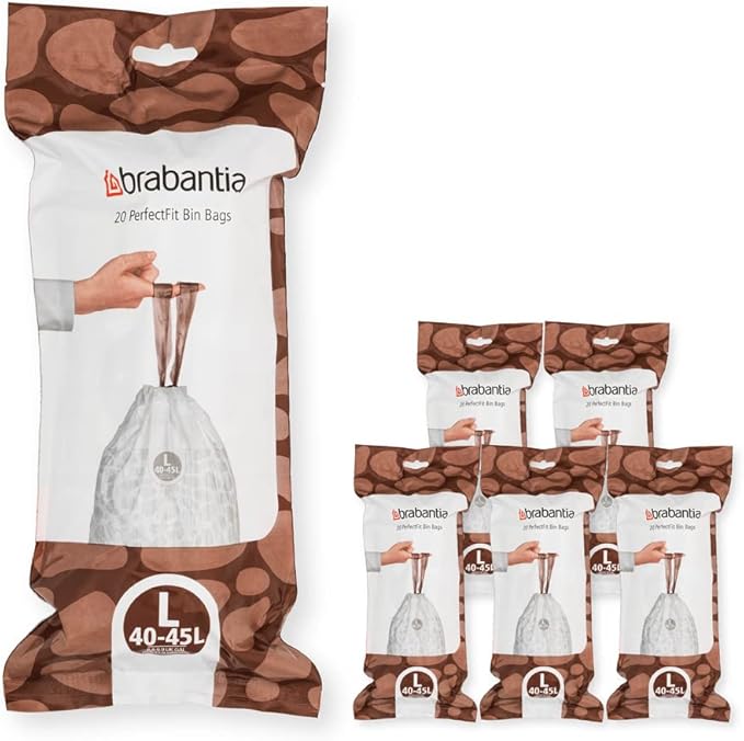 Brabantia PerfectFit Trash Bags (Size L/10.6-12 Gal) Thick Plastic Trash Can Liners with Drawstring Handles (120 Bags)