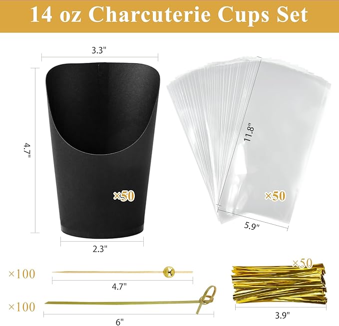 ZORRITA 50 Sets 14 oz Charcuterie Cups with Sticks and Bags, Individual Black Paper Charcuterie Boxes Disposable Individual Appetizer Serving Cups (50 Cups + 200 Cocktail Picks + 50 Bags + 50 Ties)