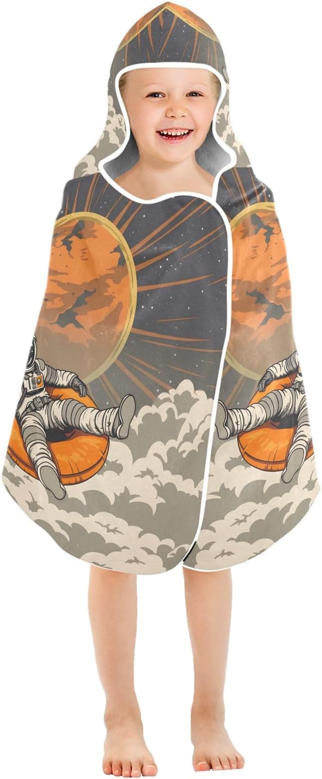 Hooded Towel for Kids Astronaut Sitting in Orange Cushion Floating in The Sky at Sunset Beach Wrap Bath Towels 50x23.5in
