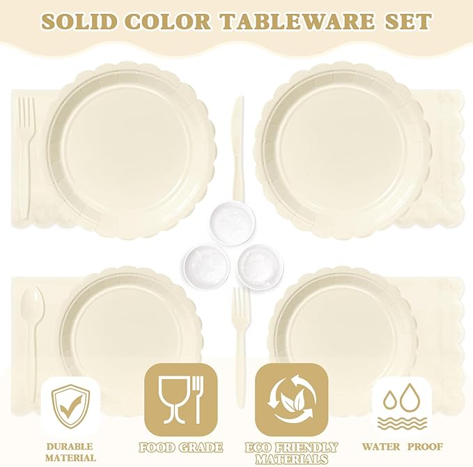 Vyntra 175 Pcs Ivory Disposable Paper Plates and Napkins Set for 25, 9" Dinner Plates & 7" Dessert Plates, Tableware for Wedding, Bridal Shower, Anniversary, Party