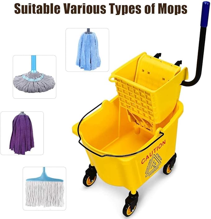 Nightcore Commercial Mop Bucket, All-in-one Tandem Floor Cleaning Wavebrake, Detachable Handle, Side Press Cleaning Wringer Portable Trolley On Wheels for Household, Commercial, 26 Quart Capacity