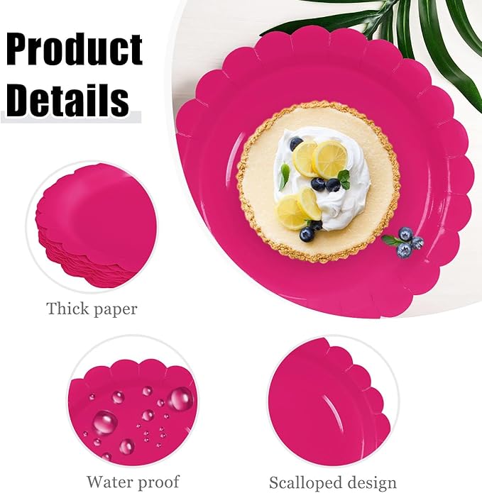HEIPINIUYE 25 Pieces Hot Pink Paper Plates 7 Inch Disposable Hot Pink Scalloped Dinner Plates for Wedding Baby Shower Birthday Party Dessert Plate