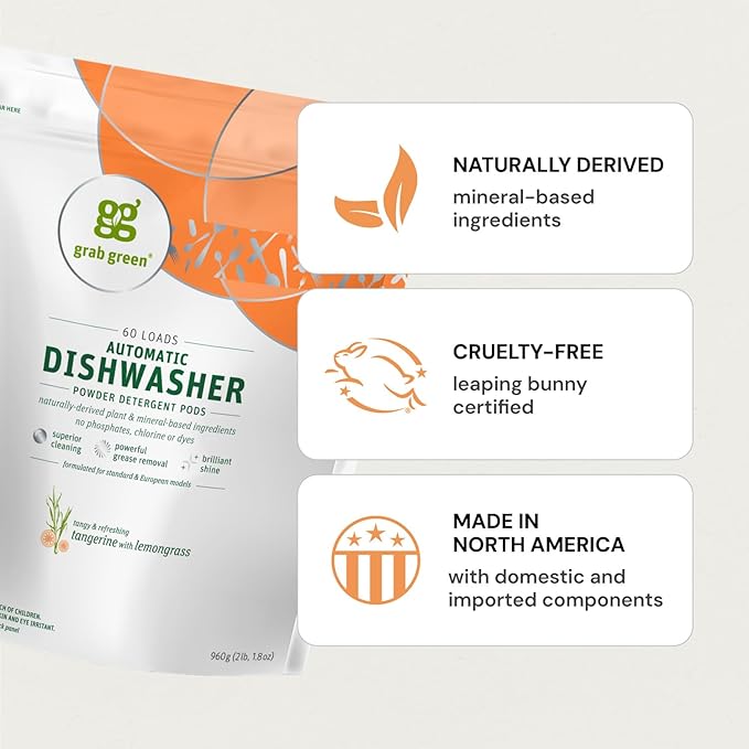 Grab Green Automatic Dishwashing Detergent Pods, 132 Count, Fragrance Free, Plant and Mineral Based, Superior Cleaning, Powerful Grease Removal, Brilliant Shine