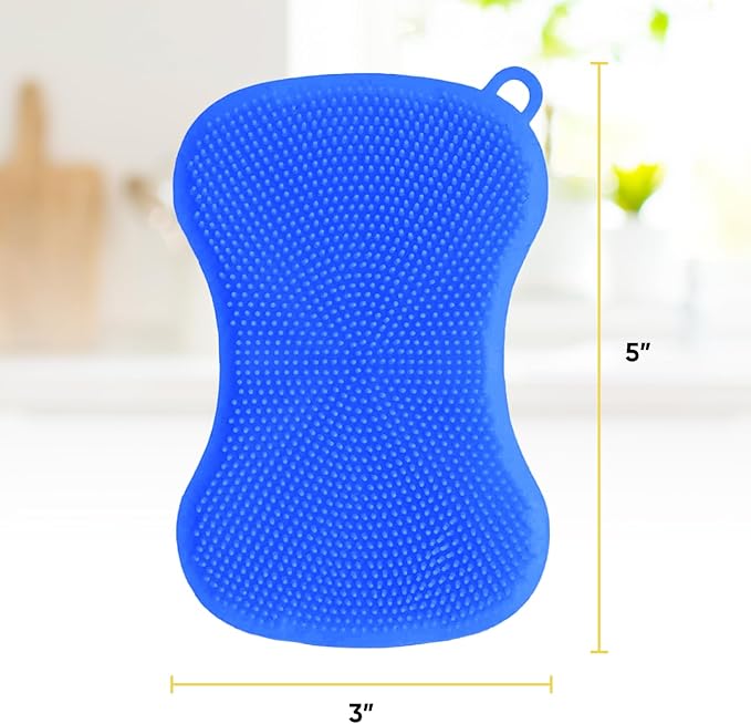 Silicone Heat Resistant Dishwasher Sponge, Fruit Cleaner, Vegetable Washer, Non Scratch Durable Bristles, Blue 3-Pack