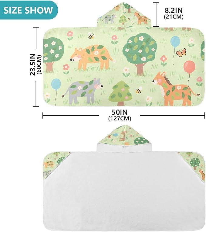 Kids Beach Towels Cartoon Zoo Green Hooded Towels for Kids Quick Dry Bath Towel with Hood